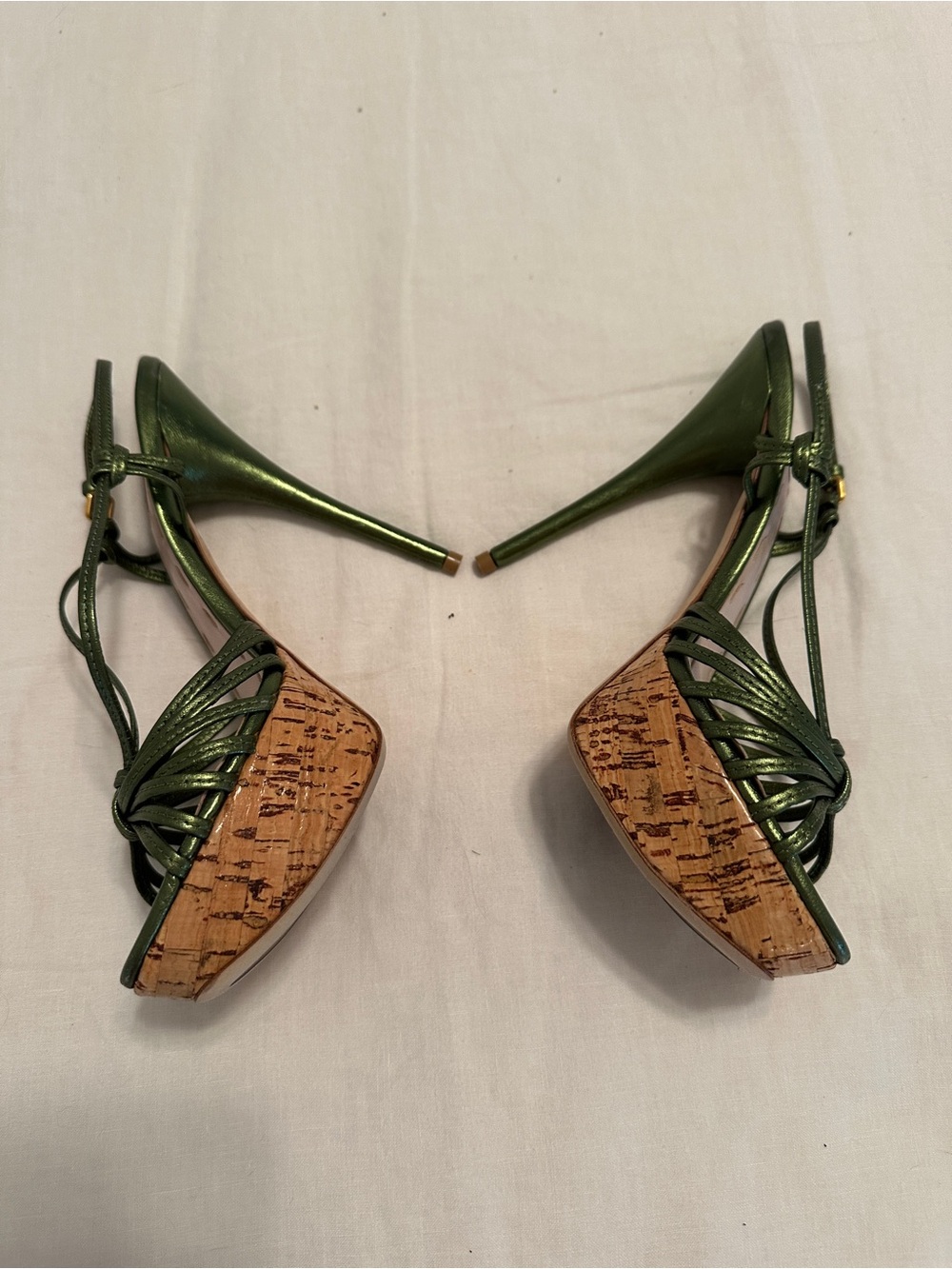 Miu Miu Metallic Olive Green Strappy Knot-Heel Sandals - Picture 3 of 8